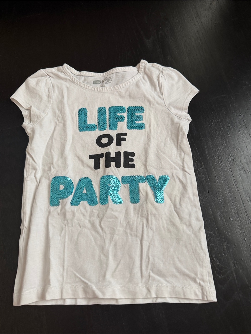 Crazy 8 White Short Sleeve Tee with Teal Sequin 'Life of the Party'